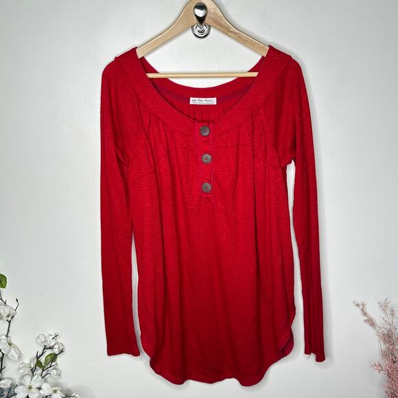 FREE PEOPLE Must Have Thermal Henley Top Cherry Red Sz M {3X19} - Picture 2 of 5
